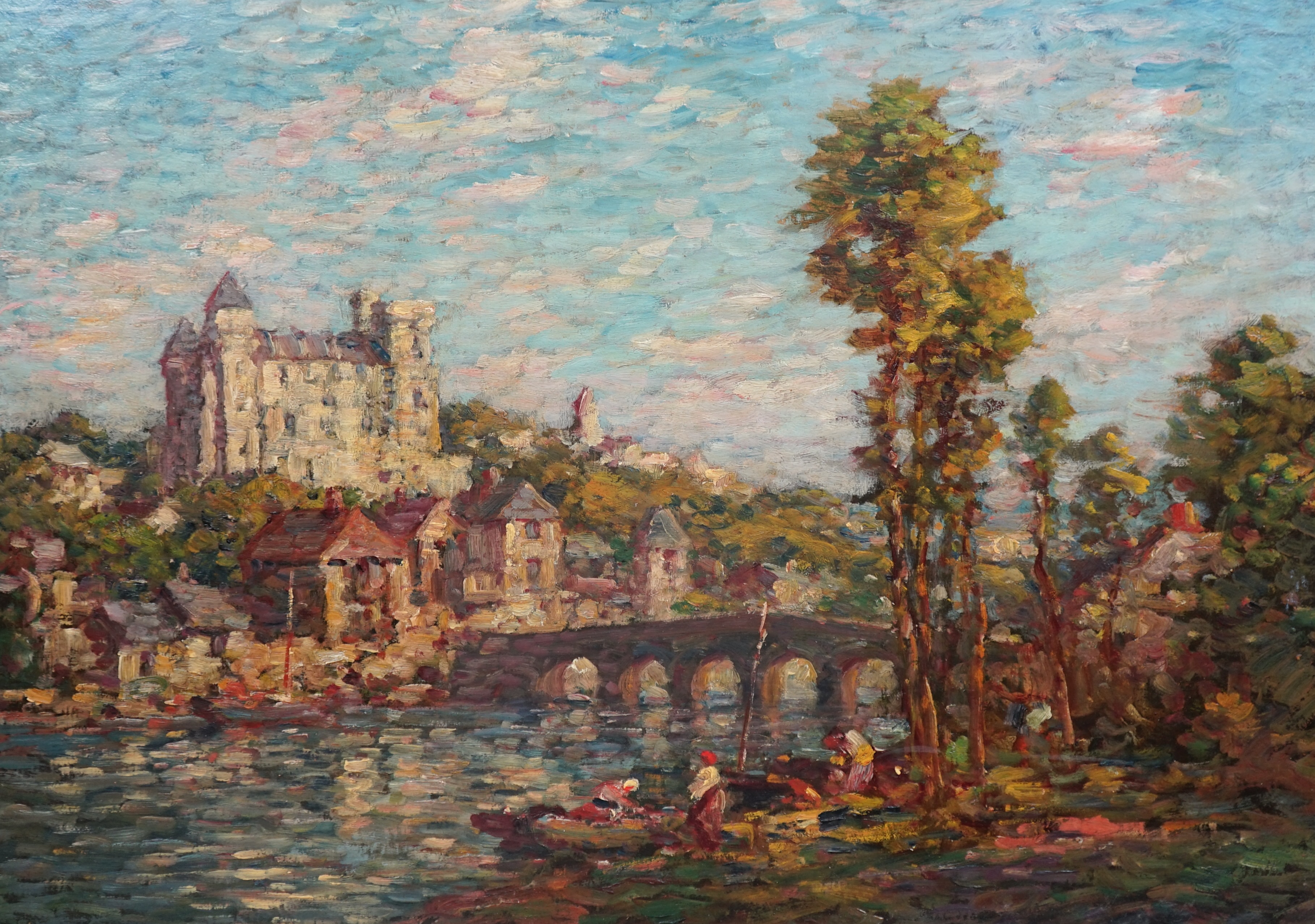 French Impressionist School , Chateau viewed from the river, oil on canvas, 57 x 80cm